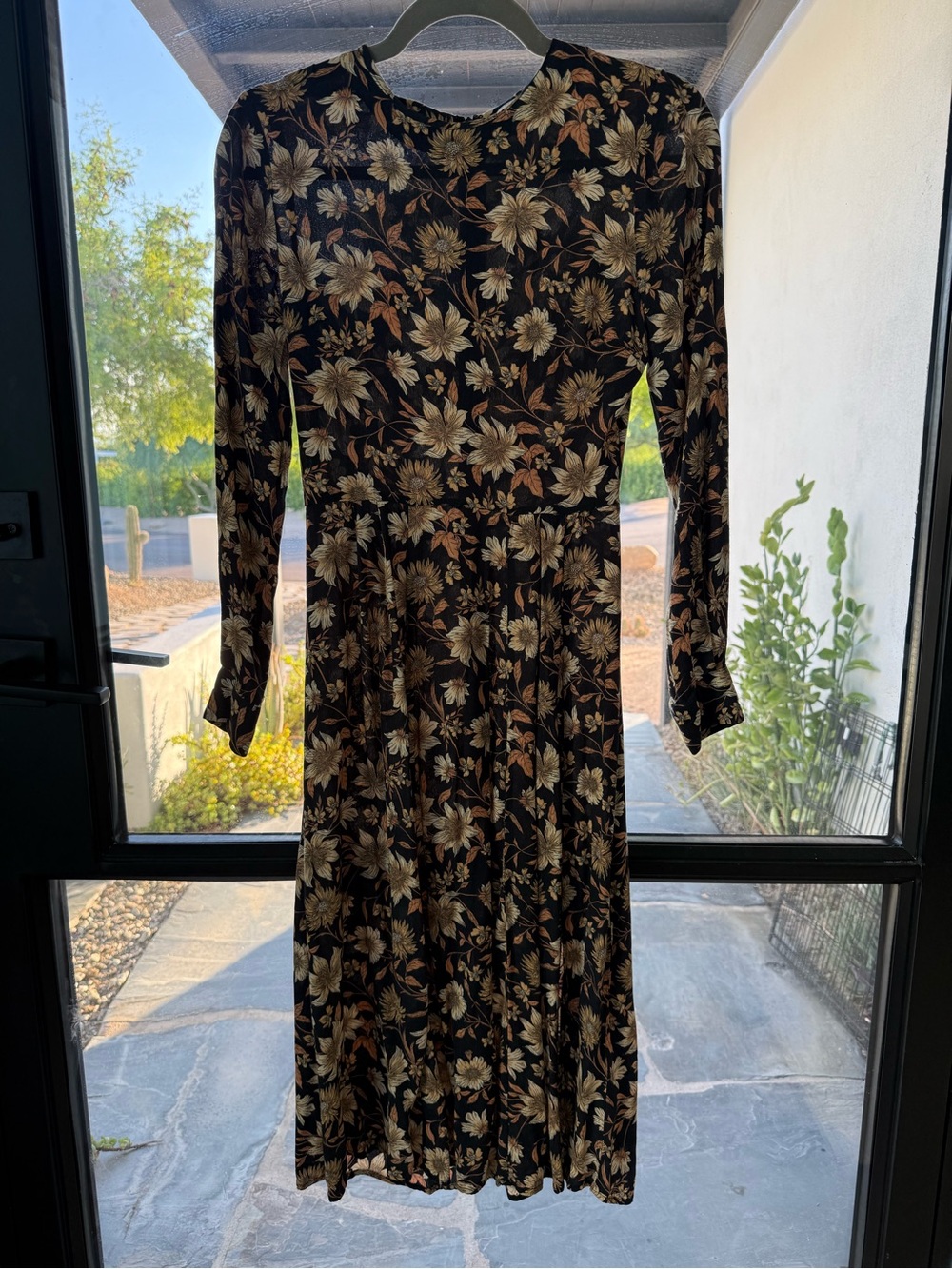 Floral Long Sleeve Midi Dress in Black and Tan